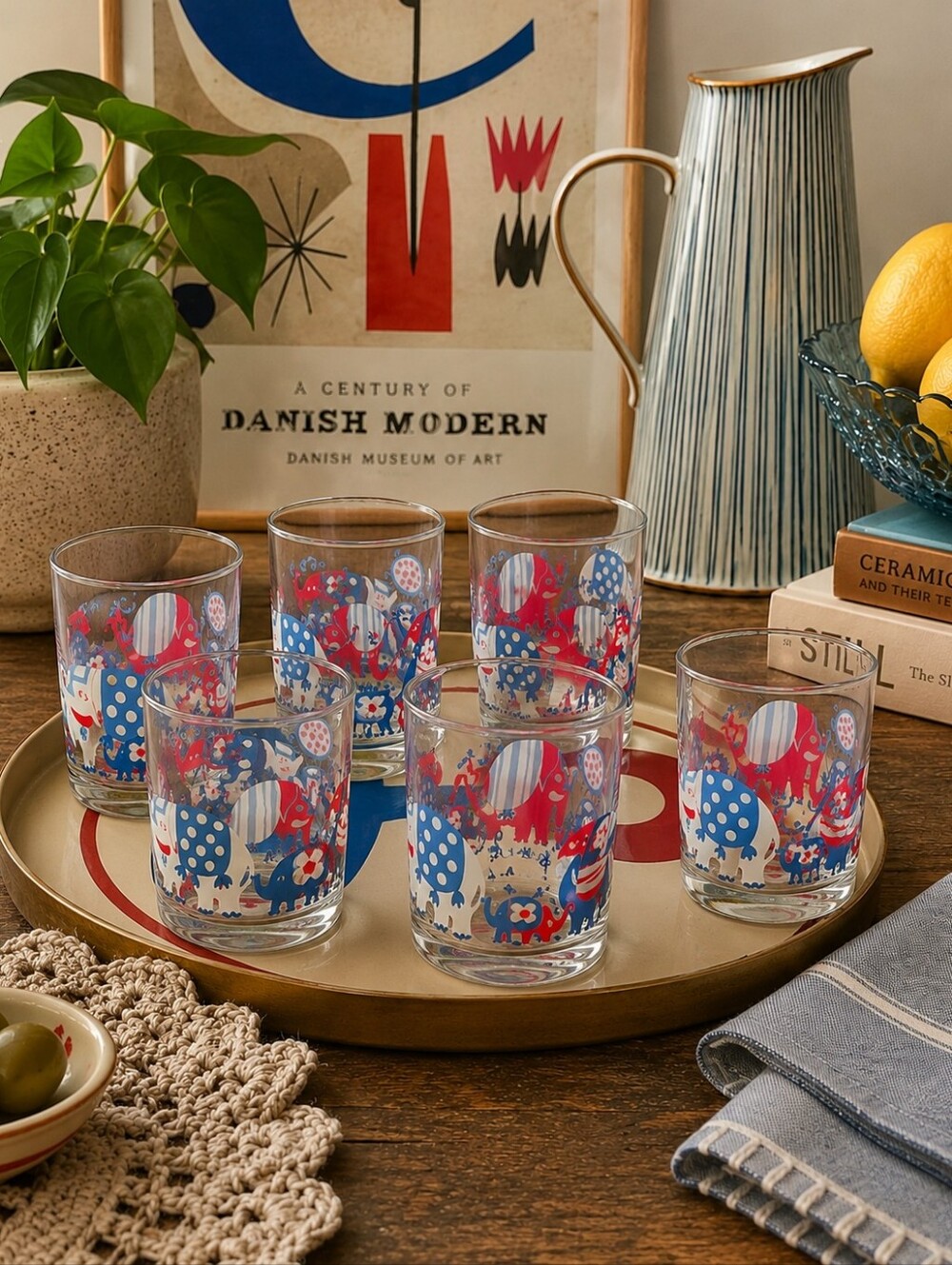 Rare Mid Century Georges Briard Elephant Tumblers Set of 6 - New Old Stock